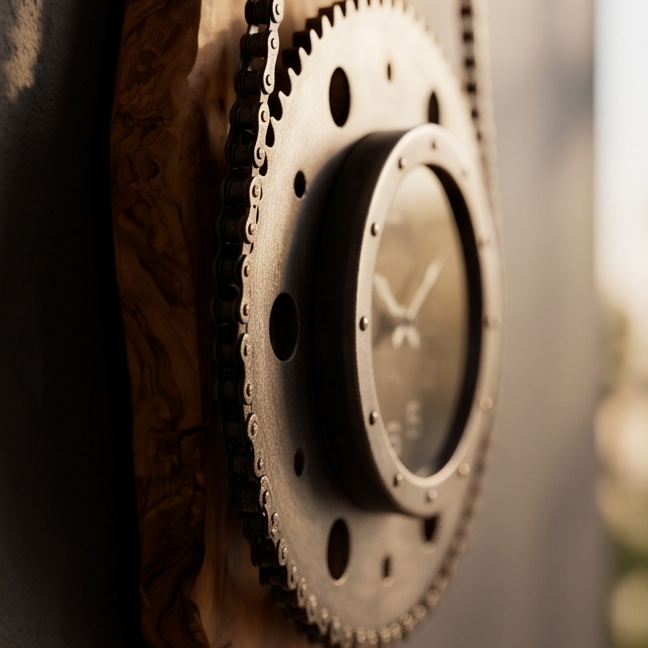Industrial Gear & Chain Olive Wood Wall Clock | Luxury Steampunk Sprocket Statement Decor