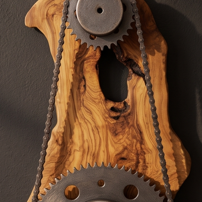 Industrial Gear & Chain Olive Wood Wall Clock | Luxury Steampunk Sprocket Statement Decor