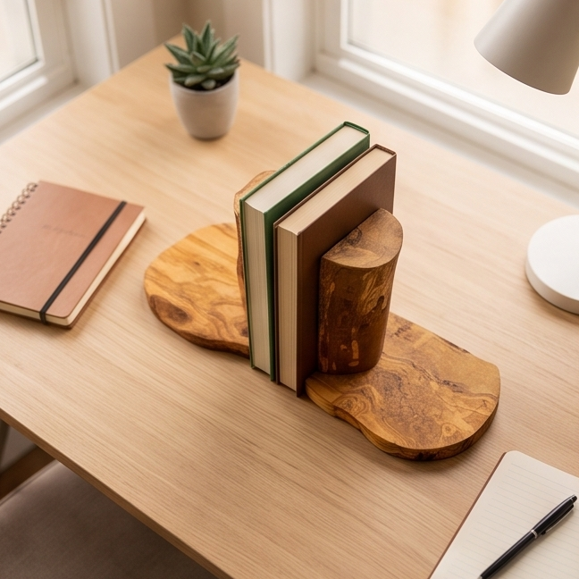 Olive Wood Rustic Wooden Bookends/Bookstand
