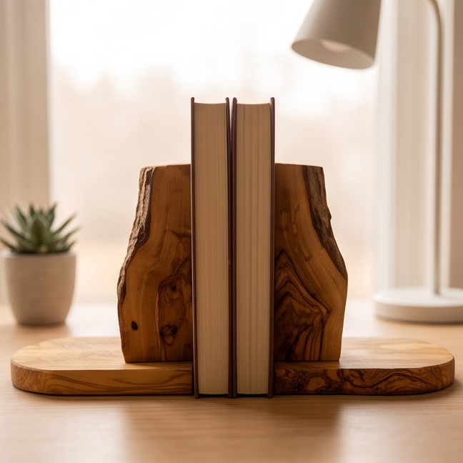 Olive Wood Rustic Wooden Bookends/Bookstand