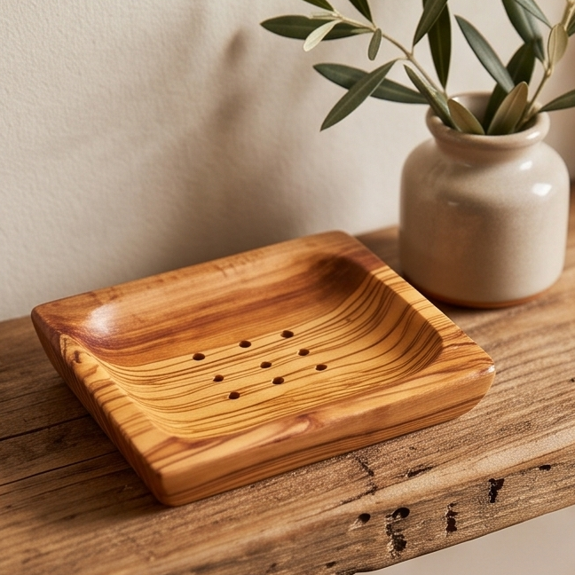 Olive Wood Wooden Non-Slip Self Drain Soap Bar Holder Dish 12 cm