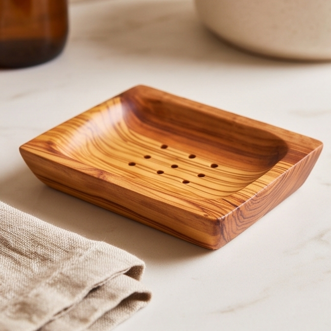 Olive Wood Wooden Non-Slip Self Drain Soap Bar Holder Dish 12 cm