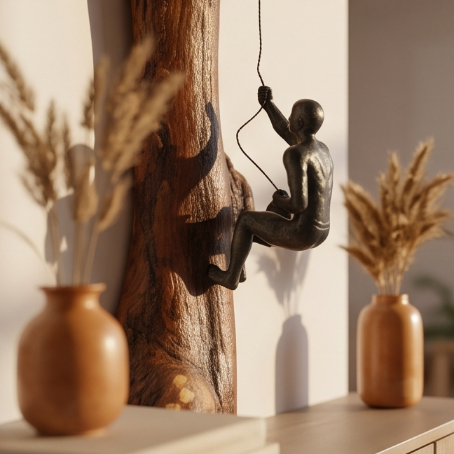 Luxury Wood Rock Climber Wall Art | 3D Cast Iron Climbing Man Sculpture