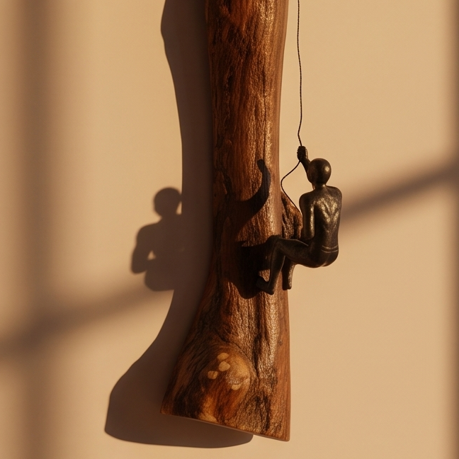 Luxury Wood Rock Climber Wall Art | 3D Cast Iron Climbing Man Sculpture
