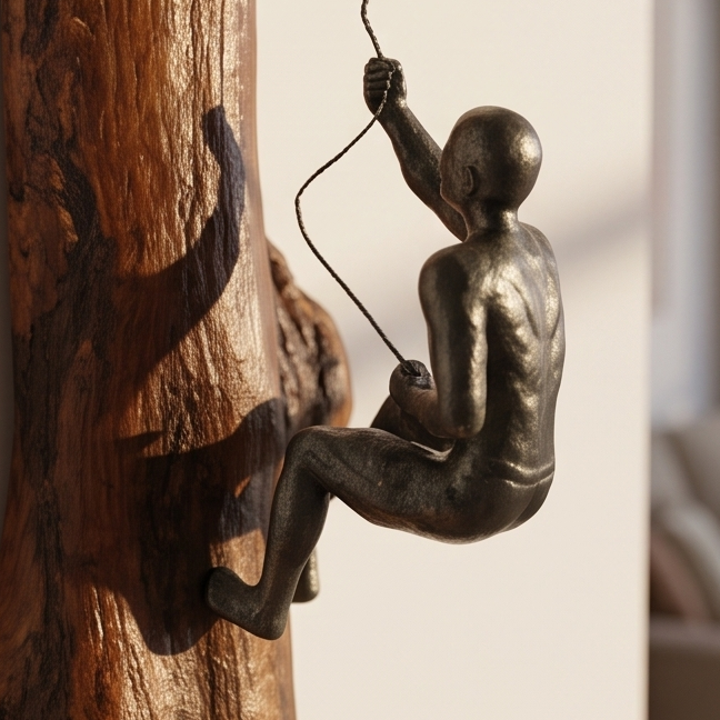 Luxury Wood Rock Climber Wall Art | 3D Cast Iron Climbing Man Sculpture