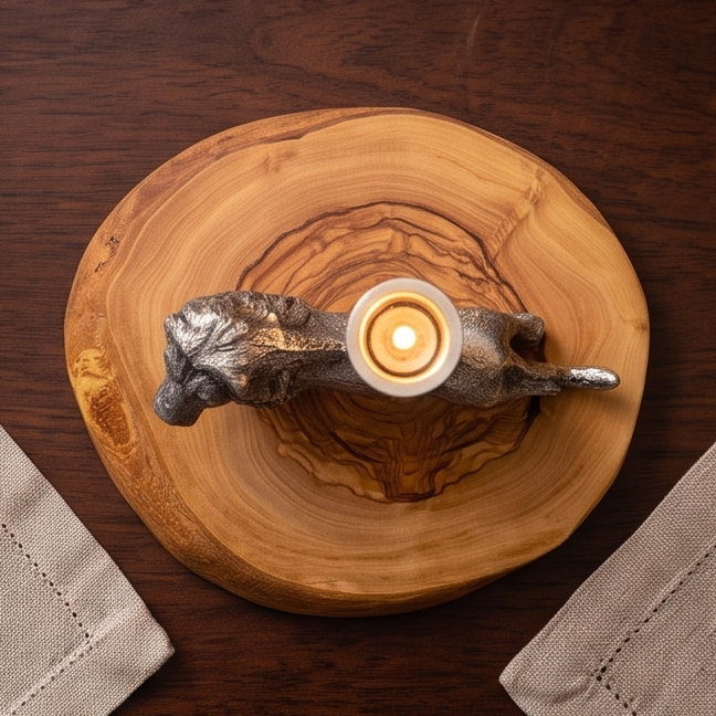 Olive wood lion candle holder
