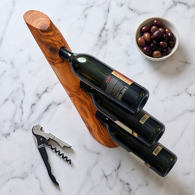 Olive Wood Round Bottle Holder 3 Holes, Wine Bottle Holder, bar accessories, wine lovers