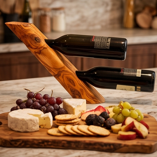 Olive Wood Round Bottle Holder 3 Holes, Wine Bottle Holder, bar accessories, wine lovers
