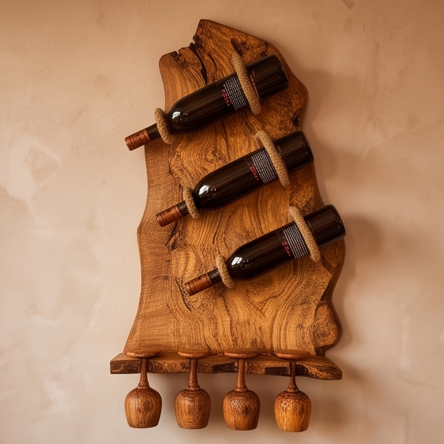 Rustic Olive Wood Wall Mounted Wine Bottle Holder & Goblet Rack