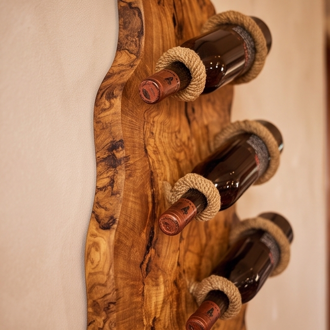 Rustic Olive Wood Wall Mounted Wine Bottle Holder & Goblet Rack