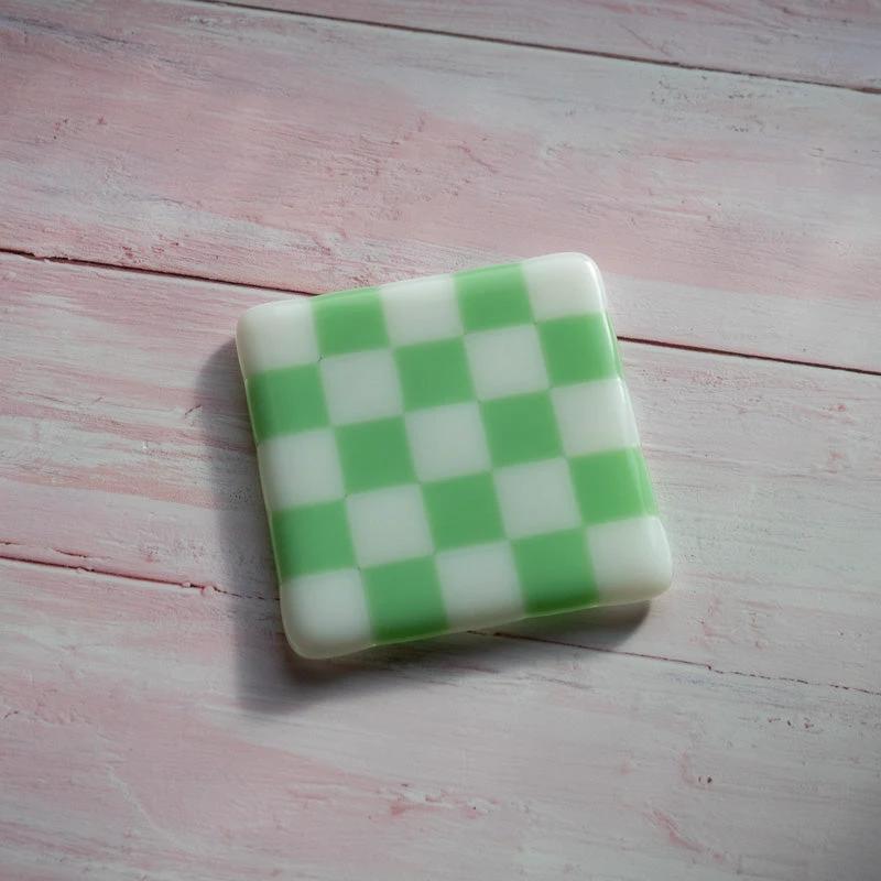 Fused Glass Coaster - Handmade Chequered Design in Cornwall by David Perry Glass & Ceramics (10cm-chequered-white-colour-coaster-bullseye-collection)