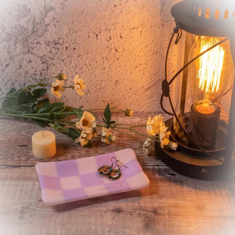 Glass Tray – Handmade Chequered Design for Keys & Jewellery by David Perry Glass & Ceramics (15x8cm-chequered-dual-coloured-medium-tray-bullseye-collection)