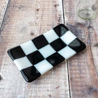 Handmade Glass Tray – Chequered Fused Glass Trinket Dish by David Perry Glass & Ceramics (15x8cm-chequered-white-colour-medium-tray-bullseye-collection)