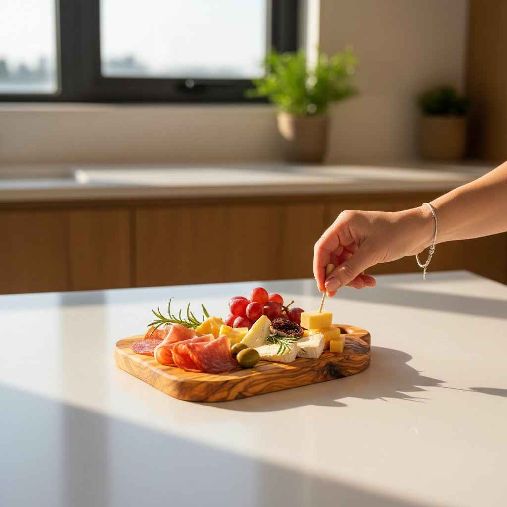 Handmade Olive Wood Mini Charcuterie Board with Handle | Small Cheese & Antipasti Serving Board | Natural Grain | 25 cm