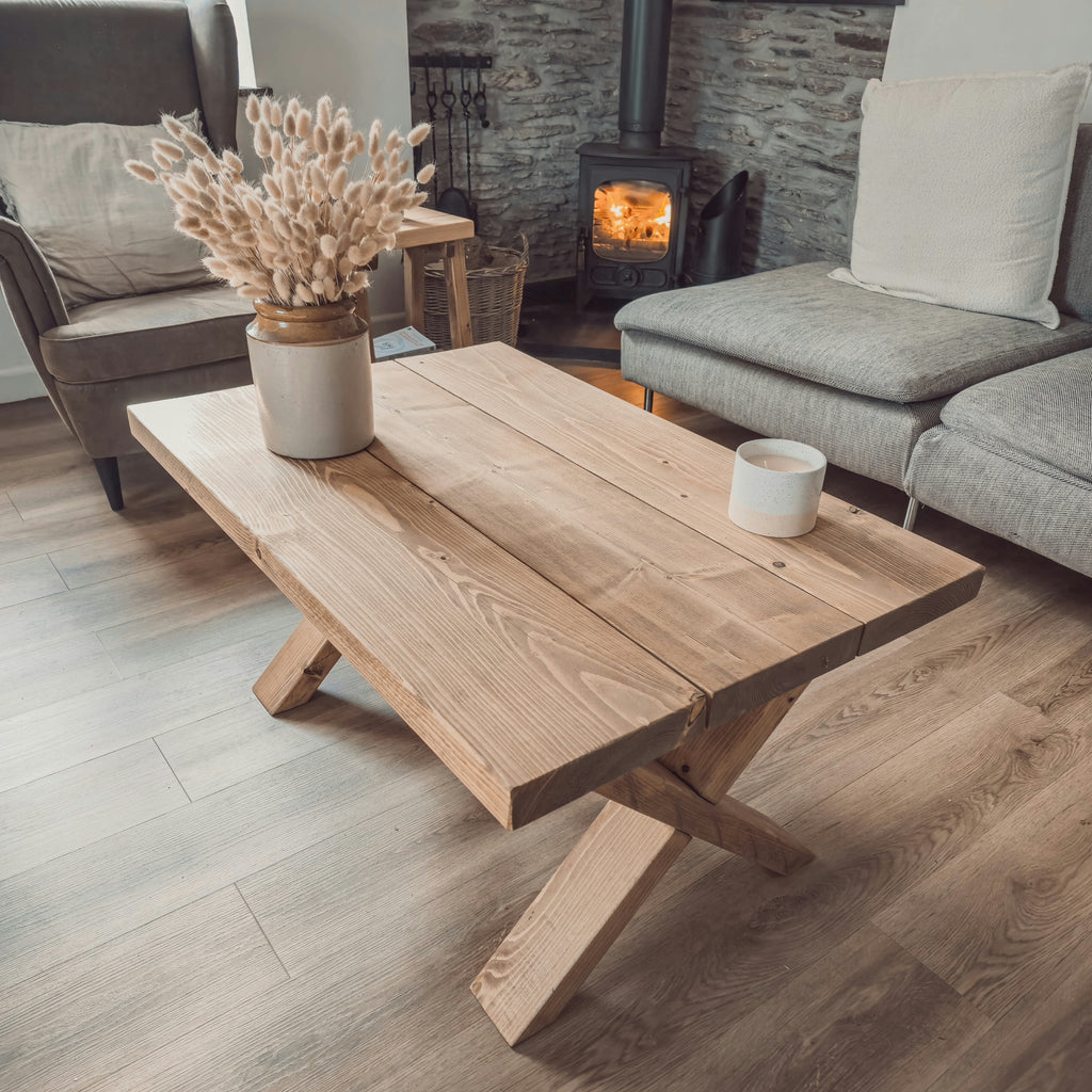 MAYA Solid Wood Cross Leg Farmhouse Coffee Table