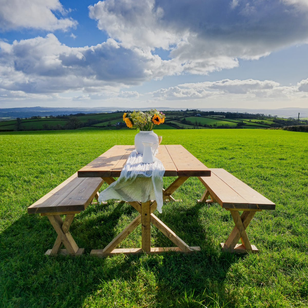 Outdoor Table With Timber Cross Legs and Bench
