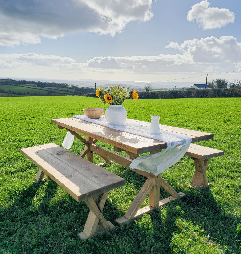 Outdoor Table With Timber Cross Legs and Bench