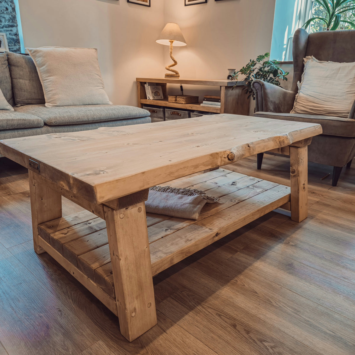 Cara Live Edge Rustic Wooden Coffee Table With Shelf