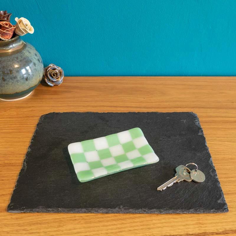 Handmade Glass Tray - Chequered Fused Glass Small Dish 12x7cm by David Perry Glass & Ceramics (12x7cm-chequered-white-colour-small-tray-bullseye-collection)