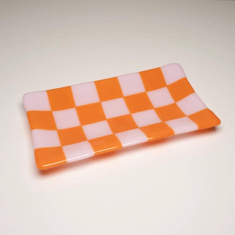 Handmade Glass Tray – Chequered Fused Glass in Dual Colours by David Perry Glass & Ceramics (21x12cm-chequered-dual-coloured-large-tray-bullseye-collection)