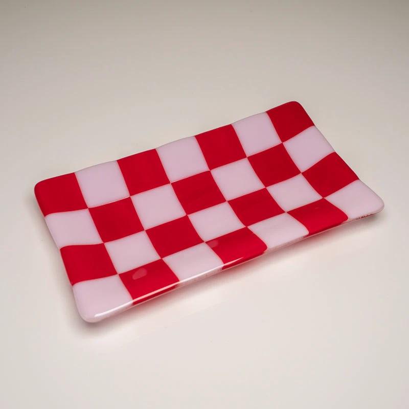 Handmade Glass Tray – Chequered Fused Glass in Dual Colours by David Perry Glass & Ceramics (21x12cm-chequered-dual-coloured-large-tray-bullseye-collection)