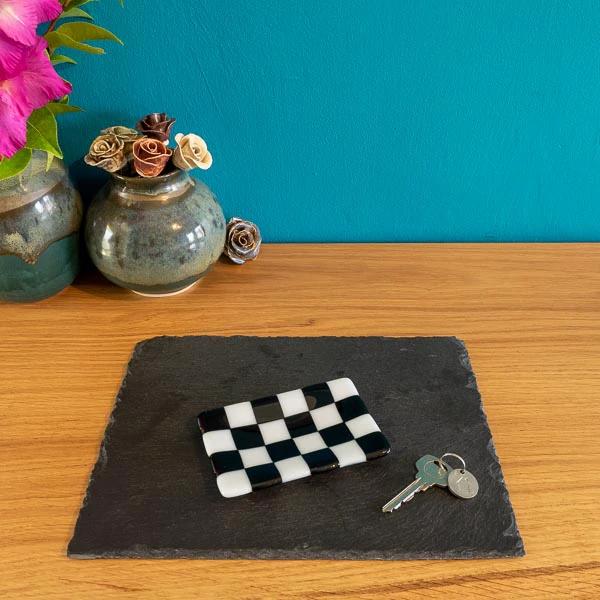 Handmade Glass Tray - Chequered Fused Glass Small Dish 12x7cm by David Perry Glass & Ceramics (12x7cm-chequered-white-colour-small-tray-bullseye-collection)