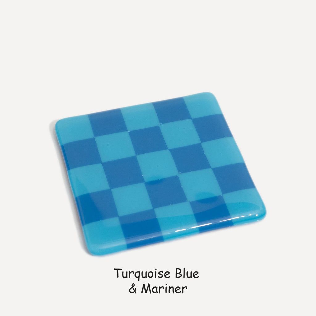 Fused Glass Coaster - Handcrafted Chequered Design from Cornwall by David Perry Glass & Ceramics (10cm-chequered-dual-colour-coaster-oceanside-collection)