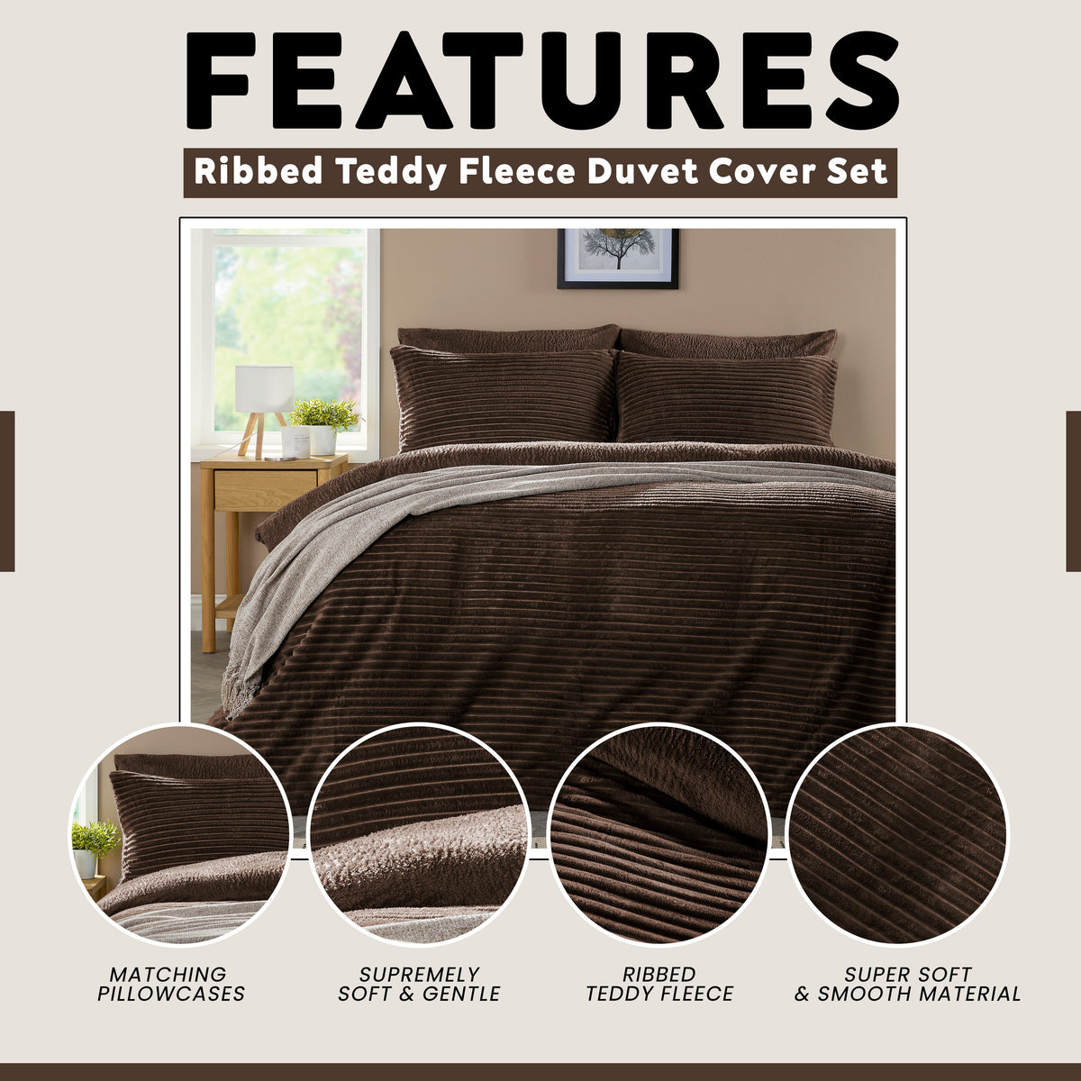 OLIVIA ROCCO Ribbed Fleece Reversible Teddy Duvet Set OEKO-TEX Certified Multiple Sizes