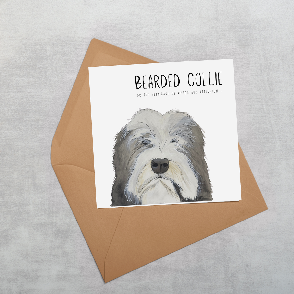 Hairy Wishes & Tailspins: Bearded Collie Greeting Card