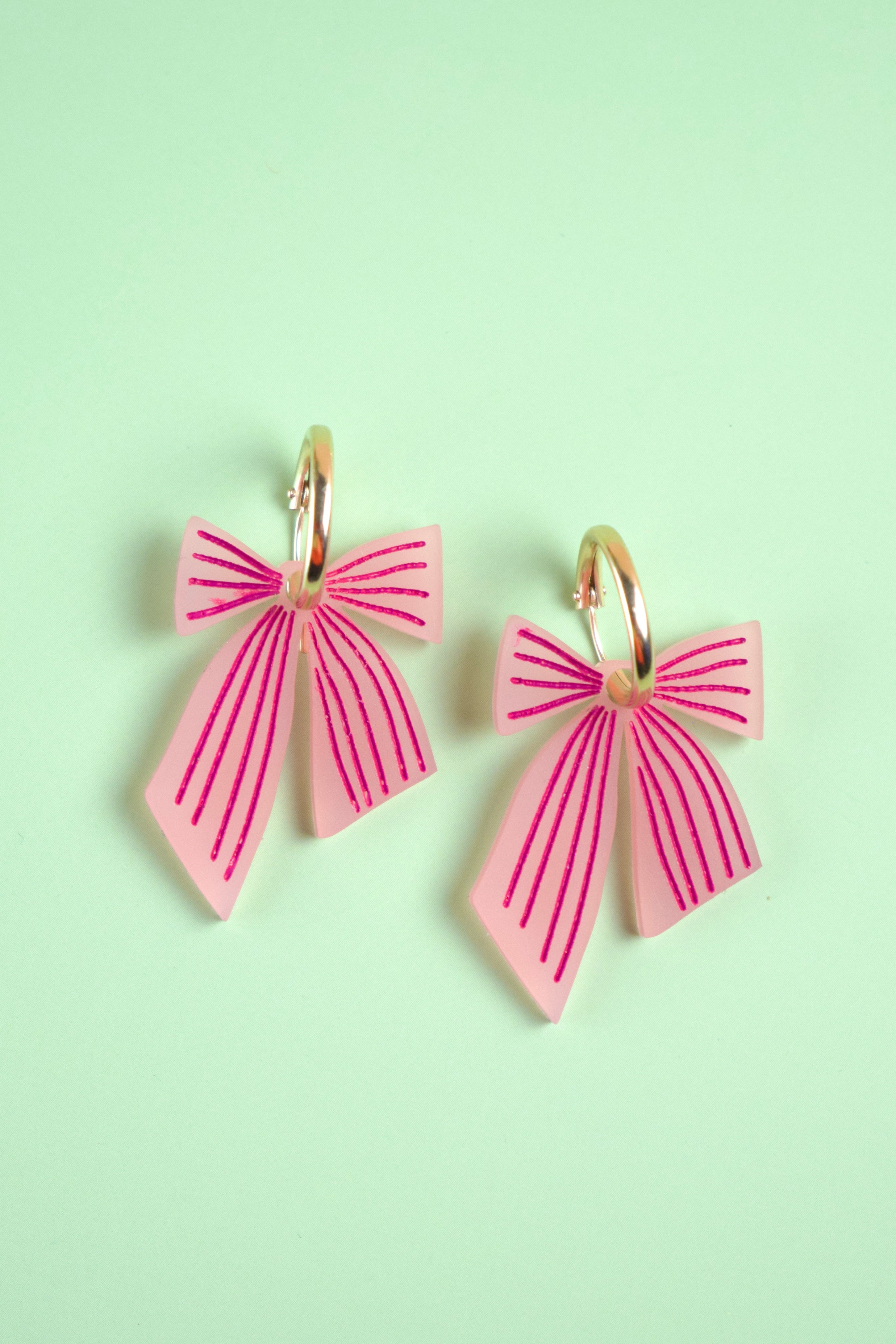 Pink Striped Bow Hoop Earrings