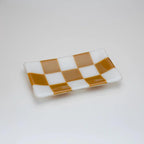 Handmade Glass Tray – Chequered Fused Glass Trinket Dish by David Perry Glass & Ceramics (15x8cm-chequered-white-colour-medium-tray-bullseye-collection)