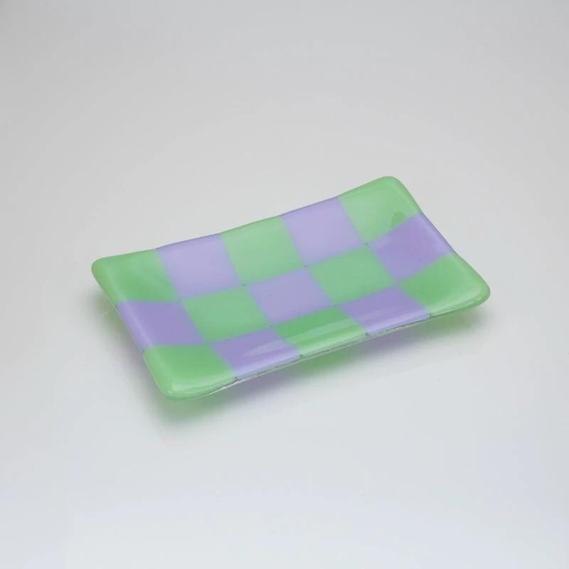 Glass Tray – Handmade Chequered Design for Keys & Jewellery by David Perry Glass & Ceramics (15x8cm-chequered-dual-coloured-medium-tray-bullseye-collection)