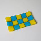 Glass Tray – Handmade Chequered Design for Keys & Jewellery by David Perry Glass & Ceramics (15x8cm-chequered-dual-coloured-medium-tray-bullseye-collection)