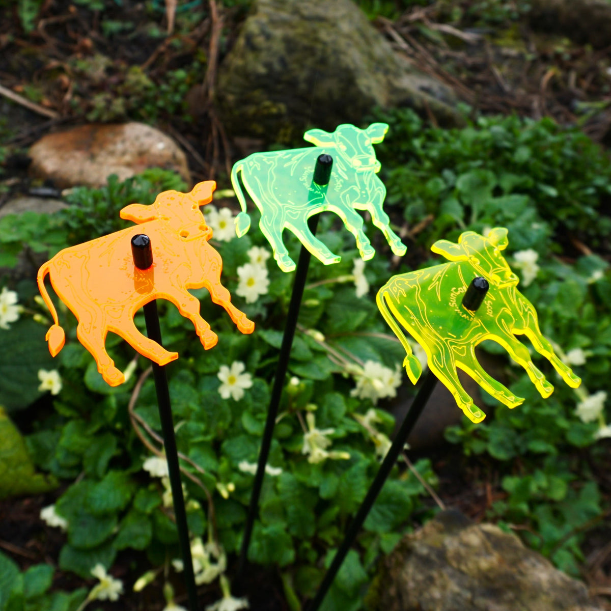 Set of 3 Glowing Medium Cows SunCatcher Garden Decor Stakes