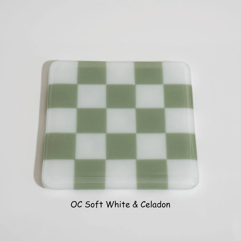 Glass Coasters – Handmade Chequered Design from Cornwall by David Perry Glass & Ceramics (10cm-chequered-soft-white-colour-coaster-oceanside-collection)
