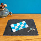 Handmade Glass Tray – Chequered Fused Glass Trinket Dish by David Perry Glass & Ceramics (15x8cm-chequered-white-colour-medium-tray-bullseye-collection)