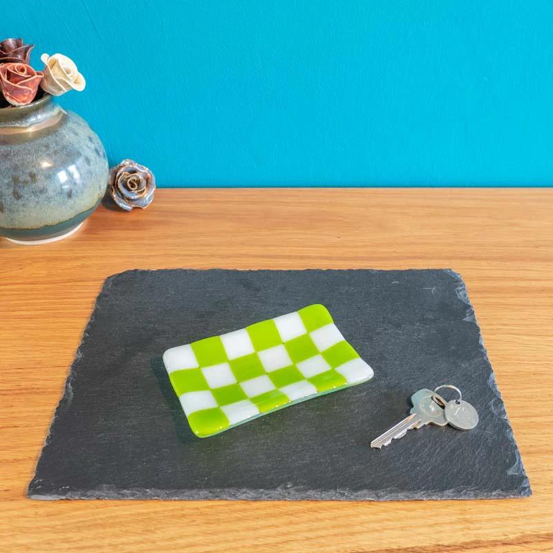 Handmade Glass Tray - Chequered Fused Glass Small Dish 12x7cm by David Perry Glass & Ceramics (12x7cm-chequered-white-colour-small-tray-bullseye-collection)