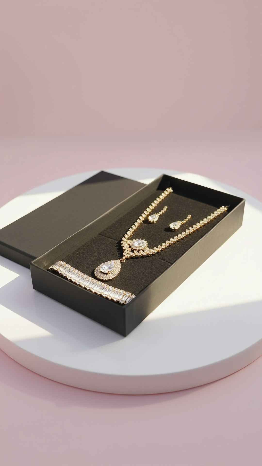 Sparkling Gold Crystal Necklace, Bracelet, Earrings & Ring Set With Gift Box