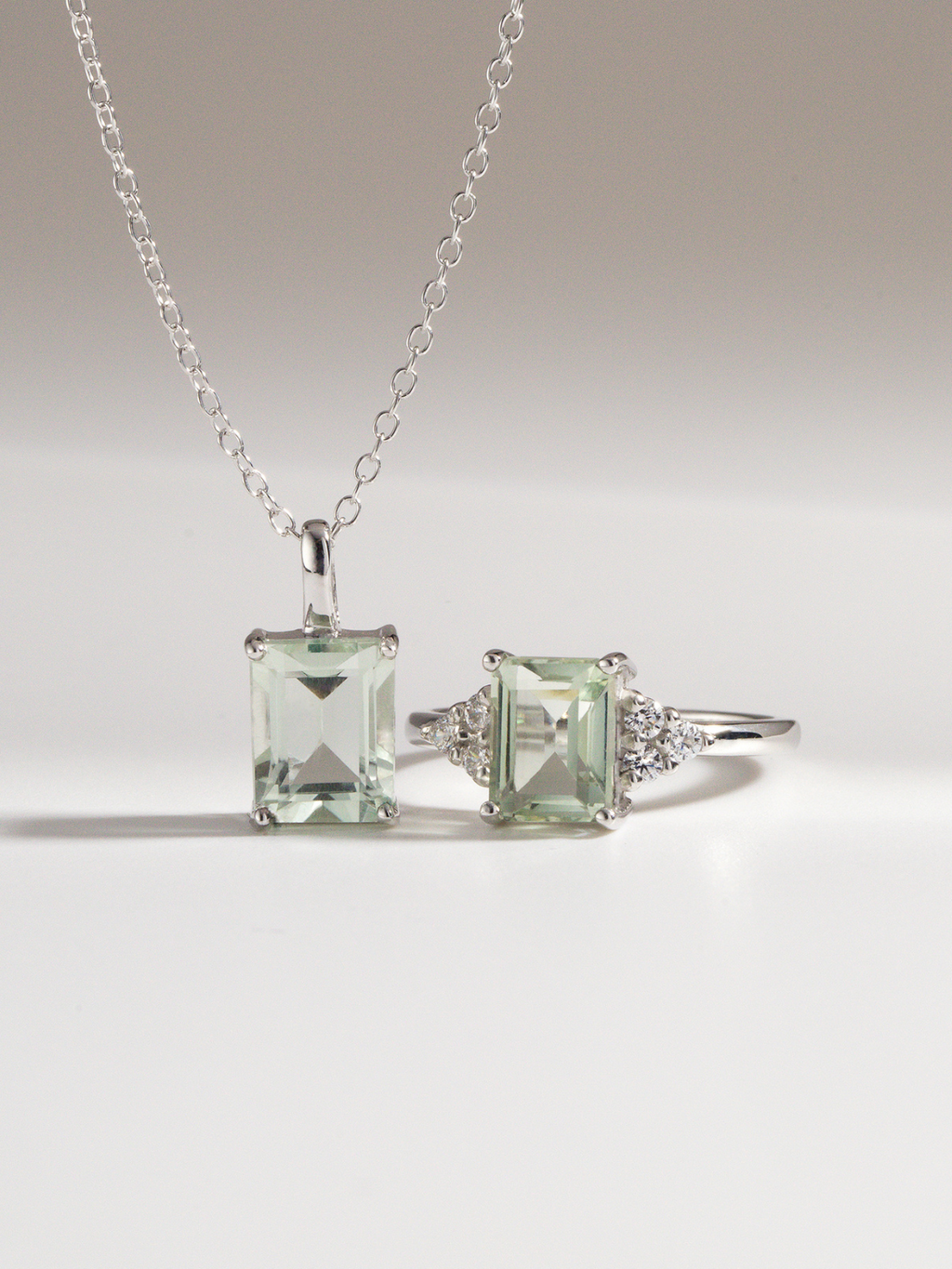 Green Amethyst Emerald Cut Ring in Sterling Silver