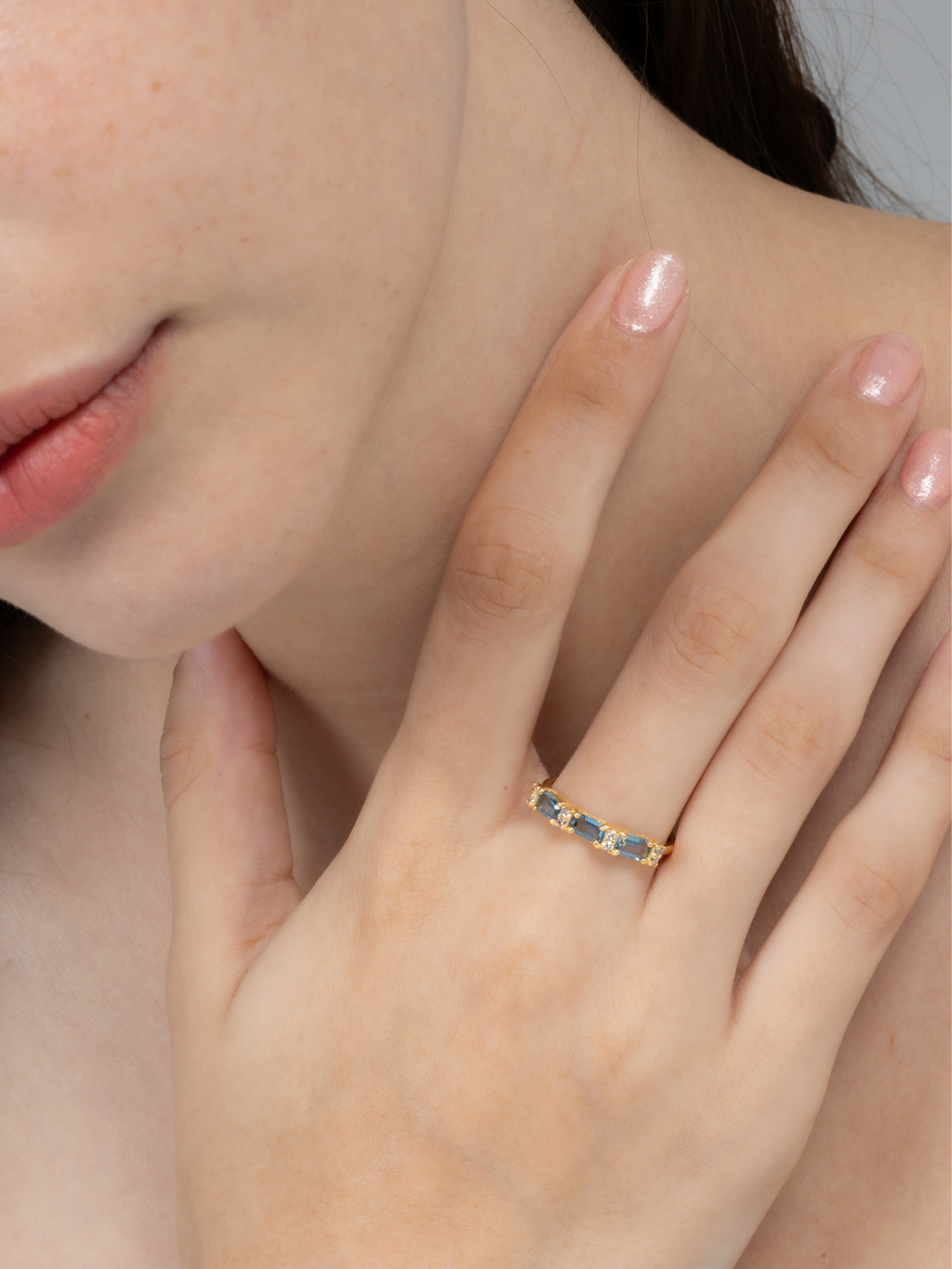 London Blue Topaz Emerald Cut Eternity Ring in 18k Gold Vermeil