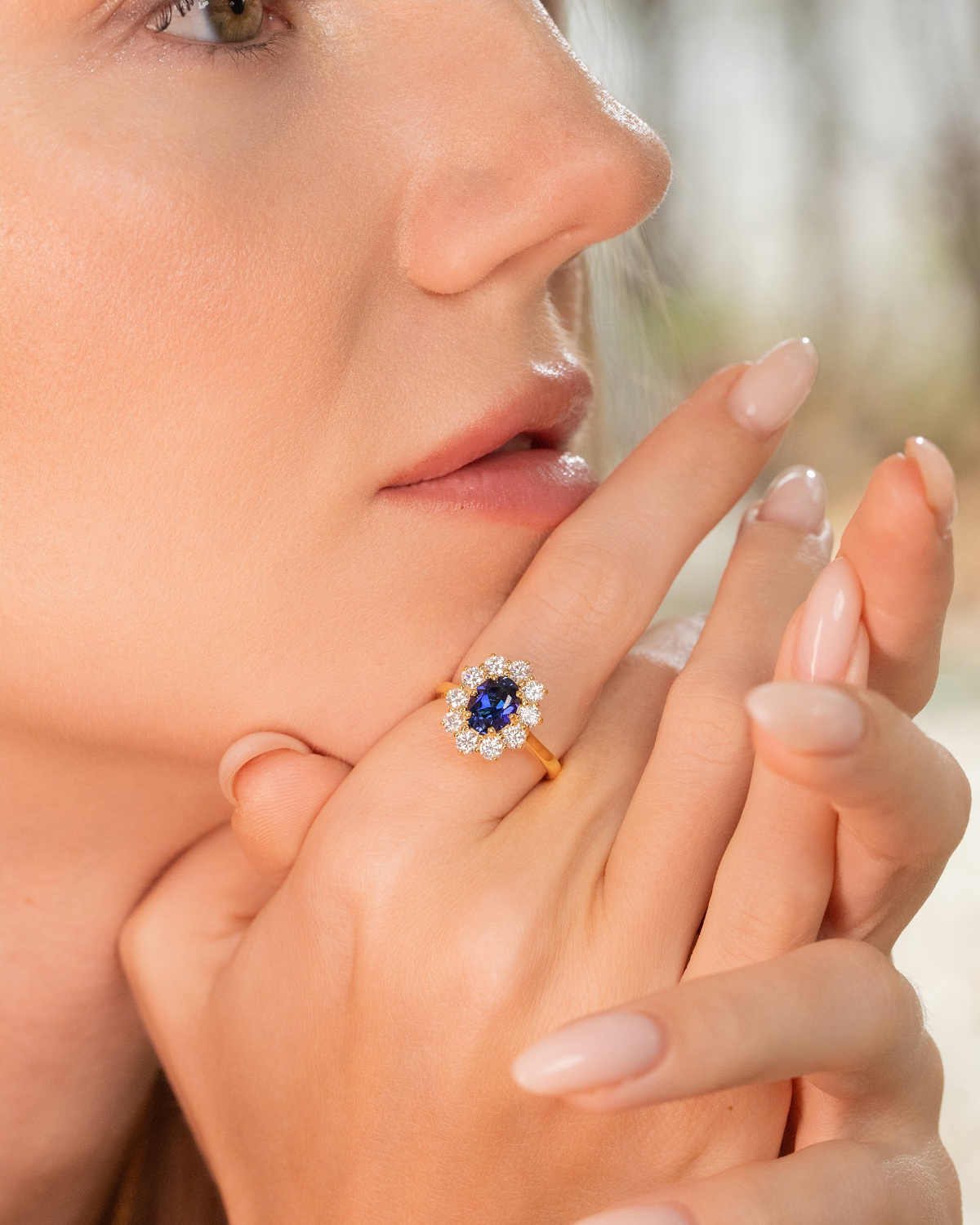 Blue Sapphire Halo Engagement Ring in 18k Gold Vermeil
