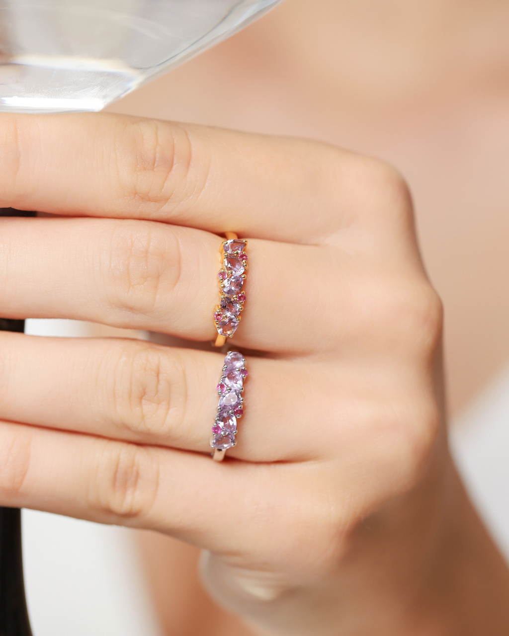 Pink Ruby & Amethyst Pear Cut Half Eternity Band in Sterling Silver