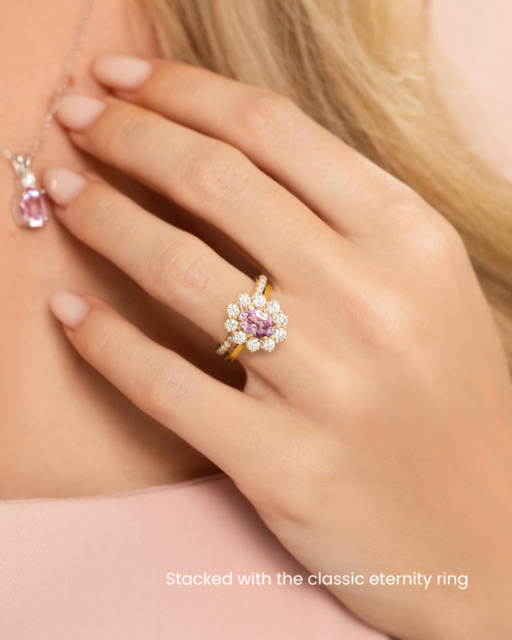 Pink Sapphire Halo Engagement Ring in 18k Gold Vermeil