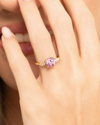Pink Sapphire Round Cut Three Stone Engagement Ring in 18k Gold Vermeil