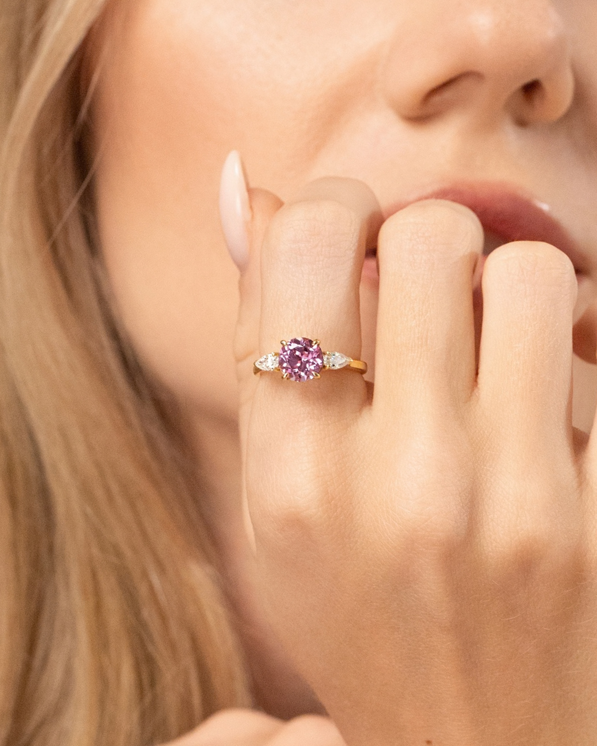 Pink Sapphire Round Cut Three Stone Engagement Ring in 18k Gold Vermeil