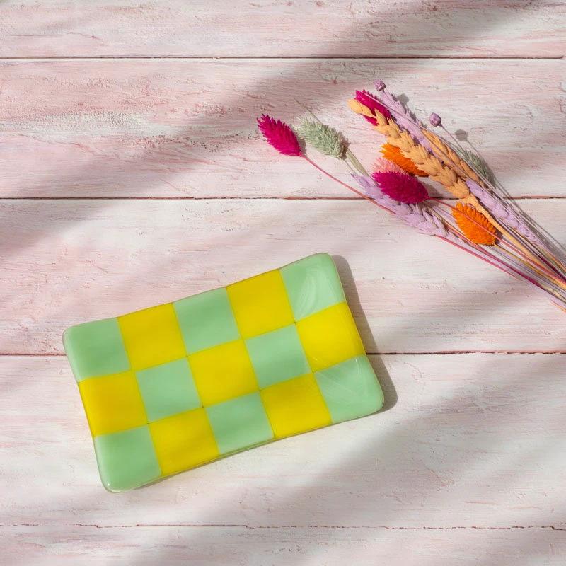 Glass Tray – Handmade Chequered Design for Keys & Jewellery by David Perry Glass & Ceramics (15x8cm-chequered-dual-coloured-medium-tray-bullseye-collection)