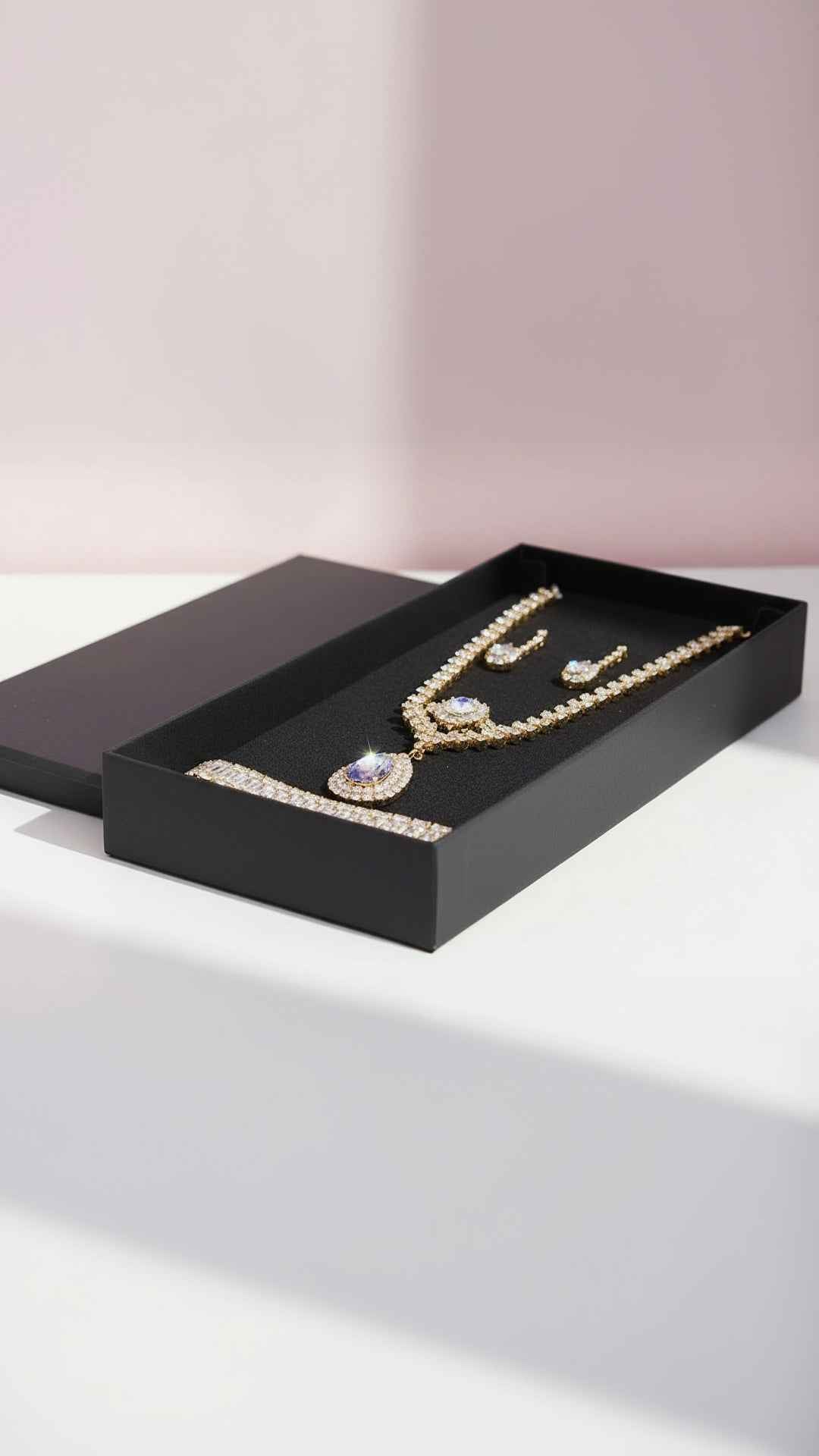Sparkling Gold Crystal Necklace, Bracelet, Earrings & Ring Set With Gift Box