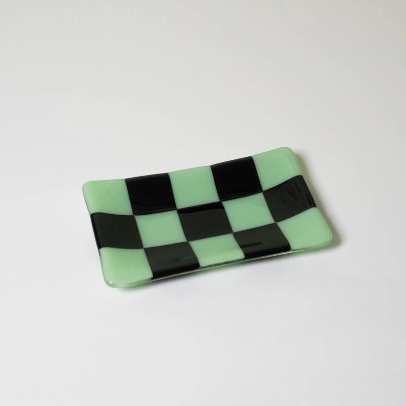 Glass Tray – Handmade Chequered Design for Keys & Jewellery by David Perry Glass & Ceramics (15x8cm-chequered-dual-coloured-medium-tray-bullseye-collection)