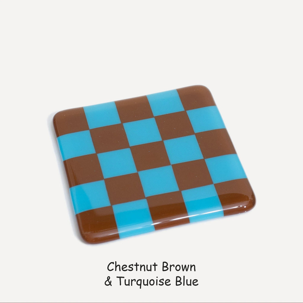 Fused Glass Coaster - Handcrafted Chequered Design from Cornwall by David Perry Glass & Ceramics (10cm-chequered-dual-colour-coaster-oceanside-collection)