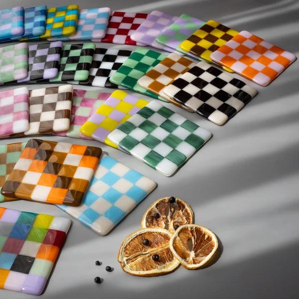 Fused Glass Coaster – Custom Chequered Pattern by David Perry Glass & Ceramics (10cm-chequered-dual-coloured-coaster-bullseye-collection)